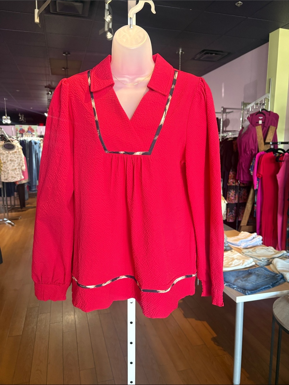 Women’s Red Long-Sleeve Textured V-Neck Top